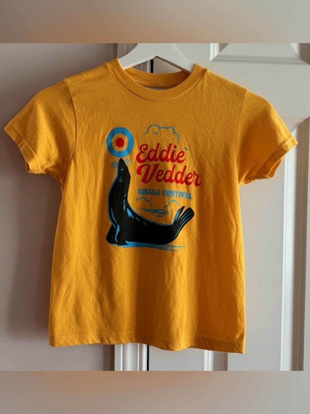 Kids Yellow Eddie Vedder Ohana Festival Seal Design Short Sleeve T-Shirt